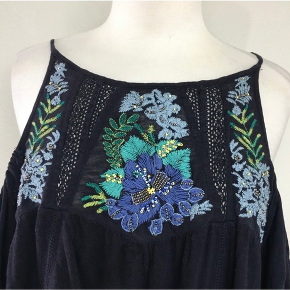 Free People Navy Floral Embroidered Cutout Shoulder Tunic Top Size Large Hippie - Picture 6 of 16